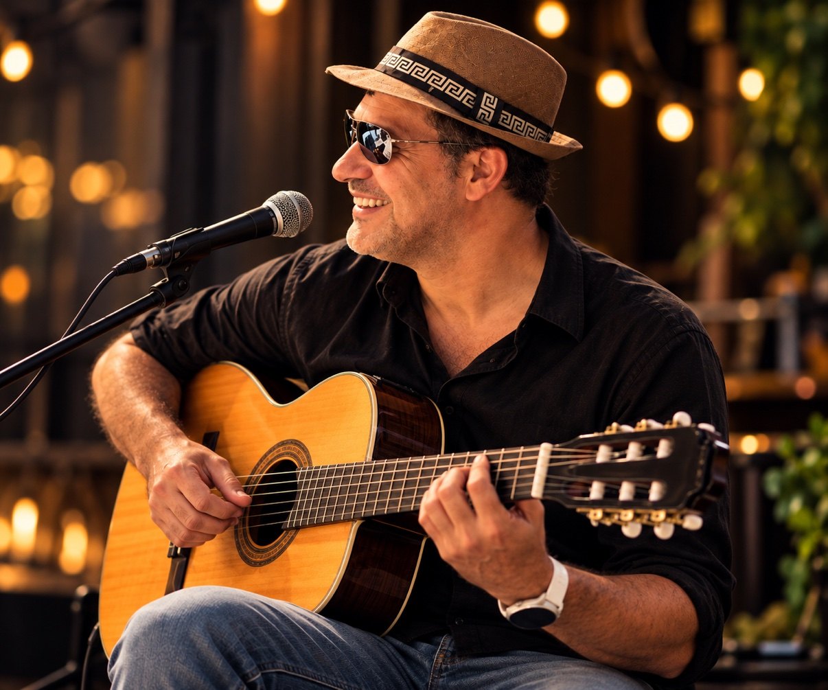 Doug Dantas smiling as he sings and plays classical guitar outdoors