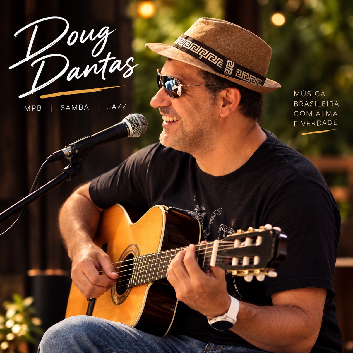 Doug Dantas smiling at the microphone and playing guitar outdoors